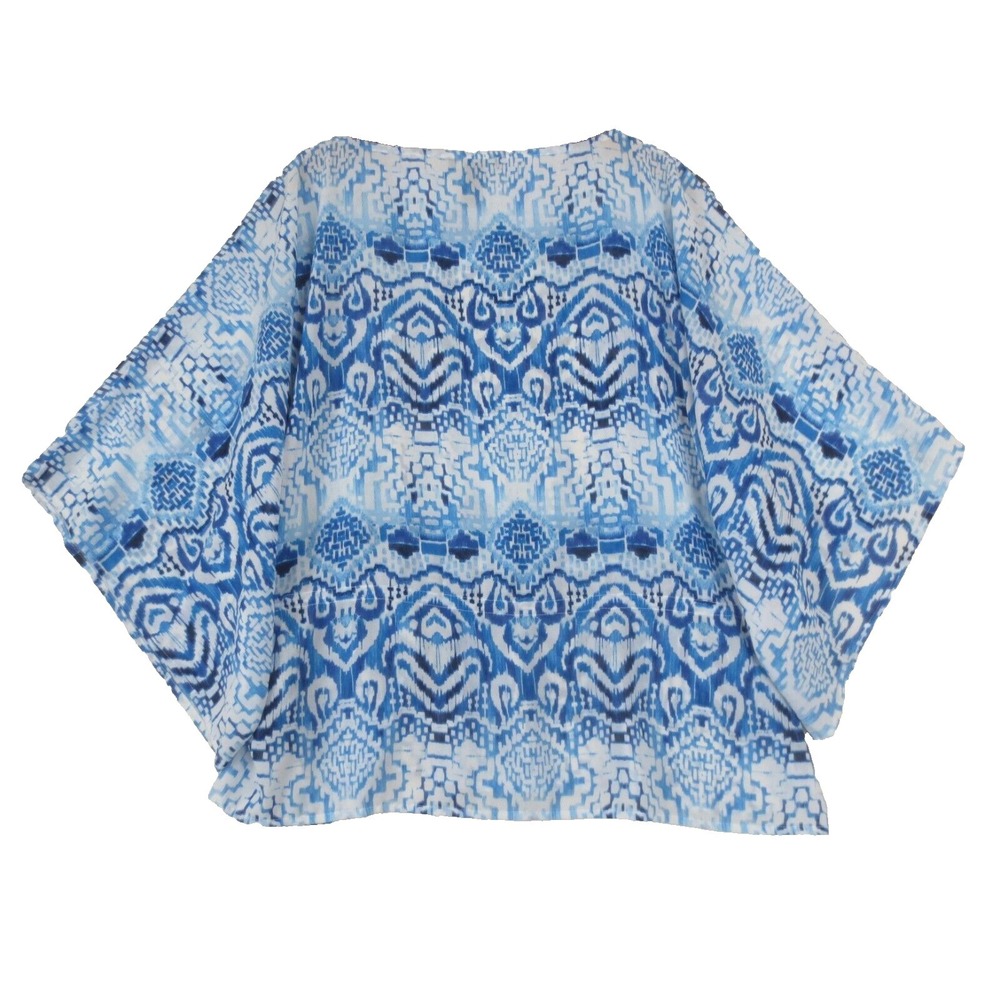 Chaps Blouse Womens Med Blue White Kimono Sleeve Tie Waist Sheer Lightweight Top - Picture 3 of 8
